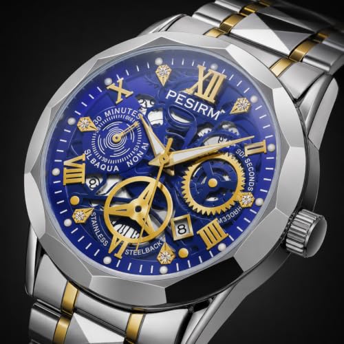 Image of Watch for men,Men's skeletonized quartz watch with black and gold two-tone stainless steel case, analog display, date display, water-resistant, luminous display, men's waterproof quartz watch. (Blue dial, silver strap)