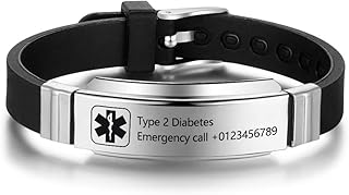 Personalized Medical Alert Bracelets for Men Women Sport Emergency ID Bracelets Adjustable Stainless Steel Diabetic ID Bracelets Band for Boys (Black)