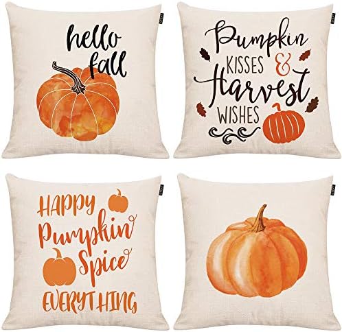 GTEXT Set of 4 Fall Pumpkin Throw Pillow Covers Autumn Decor Pumpkin Pillows Cuhion Covers Cases for Couch Sofa Home Decoration Fall Pillows Linen 18 X 18 Inches