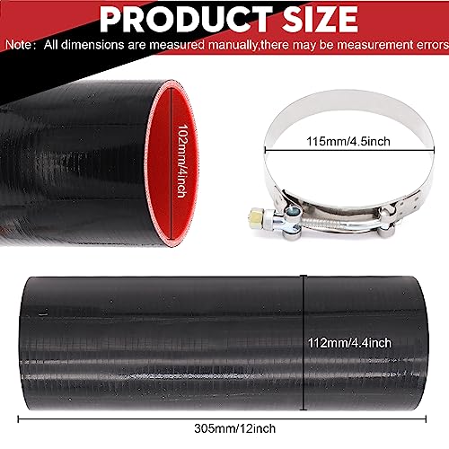 Image of ID 4inch 4-Ply Straight Coupler Silicone Hose 5mm Thickness 12inch Length With 2 X Stainless Steel T-clamps (4inch(102mm))