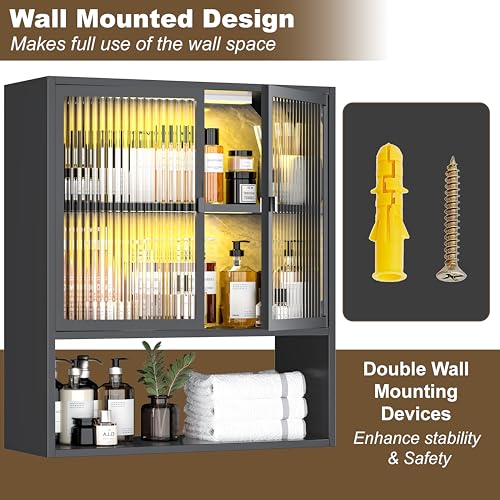 Image of Wall Mounted Bathroom Cabinet with Glass Doors, Metal Over Toilet Storage Cabinets with Open Shelves, Medicine Cabinets for Bathroom, Living Room, Bedroom, Black