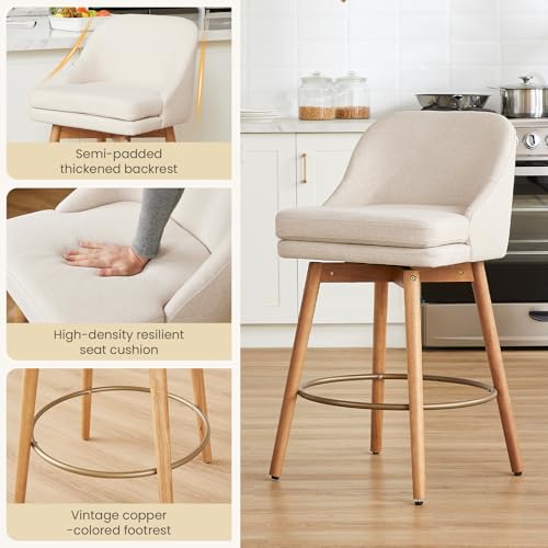 Image of kinmars Modern Bar Stools Set of 2,Swivel Counter Height Bar Stools with Soft Upholstered Back,Thick Seat,Wooden Legs, 27 inch Counter Stools for Kitchen Island (Sand, 2 Pieces - 27 inch Counter Height)