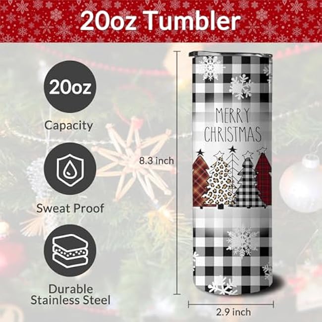 20 oz Christmas Skinny Tumblers with Lid and Straw, Buffalo Christmas Tree Stainless Steel Vacuum Insulated Travel Coffee Mug Cup Water Bottle, Christmas Decor Stuff Accessories Gifts for Women