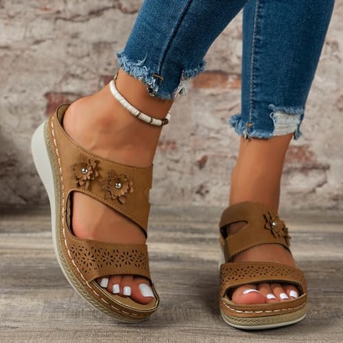 ZSpzx Women's Orthotic Cushion Sandals Recovery Walking Slide Wedge Sandal for Women Flower Cutout Strap Summer Orthopedic Arch Support Low Wedges Slides Comfortable Open Toe Slip on Bunion Shoes3