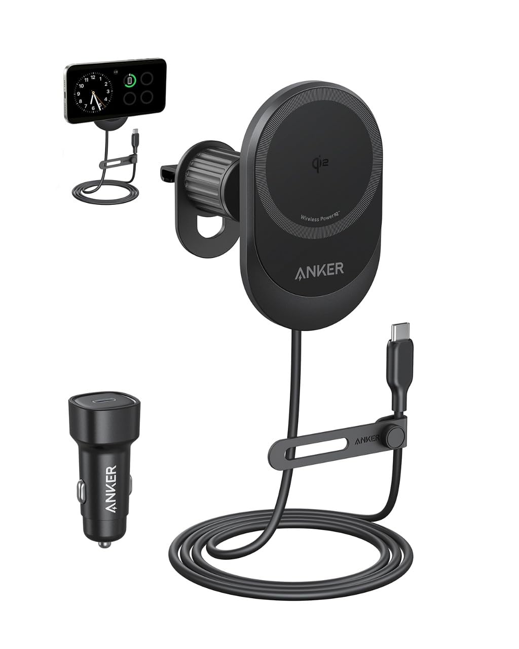 Anker Chargeur Magsafe Allume-Cigare à Induction 15W, Chargeur pour Automobile Rapide, Angle Ajustable 360° et Magnet Puissant, Support téléphone, pour iPhone séries 16/15(câble et Adaptateur Inclus)