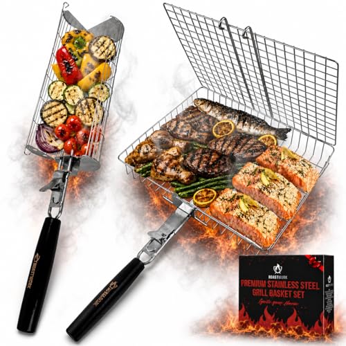 ROASTWURK's Bbq Grill Basket Set For Meat Fish Vegetables Stainless Steel 304 Barbecue Bbq Grilling Accessories Gifts For Men, Removable Wooden Handle Tool Shrimp Outdoor Cooking Camping Tailgating