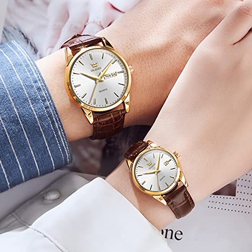 Image of OLEVS Couple Watches Quartz Calendar Luminous Waterproof Leather Luxury Casual Wrist Watch for Men & Women Best Gift for Anniversary, Valentine's Day