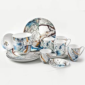 Koken 16-Pc Bone China Dinnerware Set – Elegant Blue Gold Design, Microwave & Dishwasher Safe, Stackable, Blue, 10.4″ & 7.8″ Plates, 22oz Bowls, 11.8oz Mugs China plates dishes sets – ocean dish set