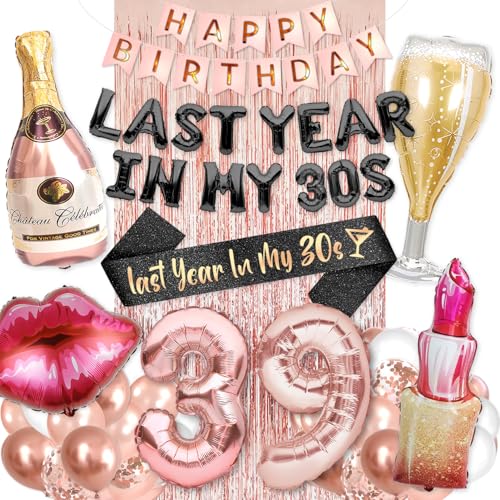 PartyForever 39th Birthday Decorations for Women Last Year in My 30s Party Set with Sash 39 Balloons Champagne Bottle Lips & Makeup Balloons Fringe Curtain Happy Birthday Banner