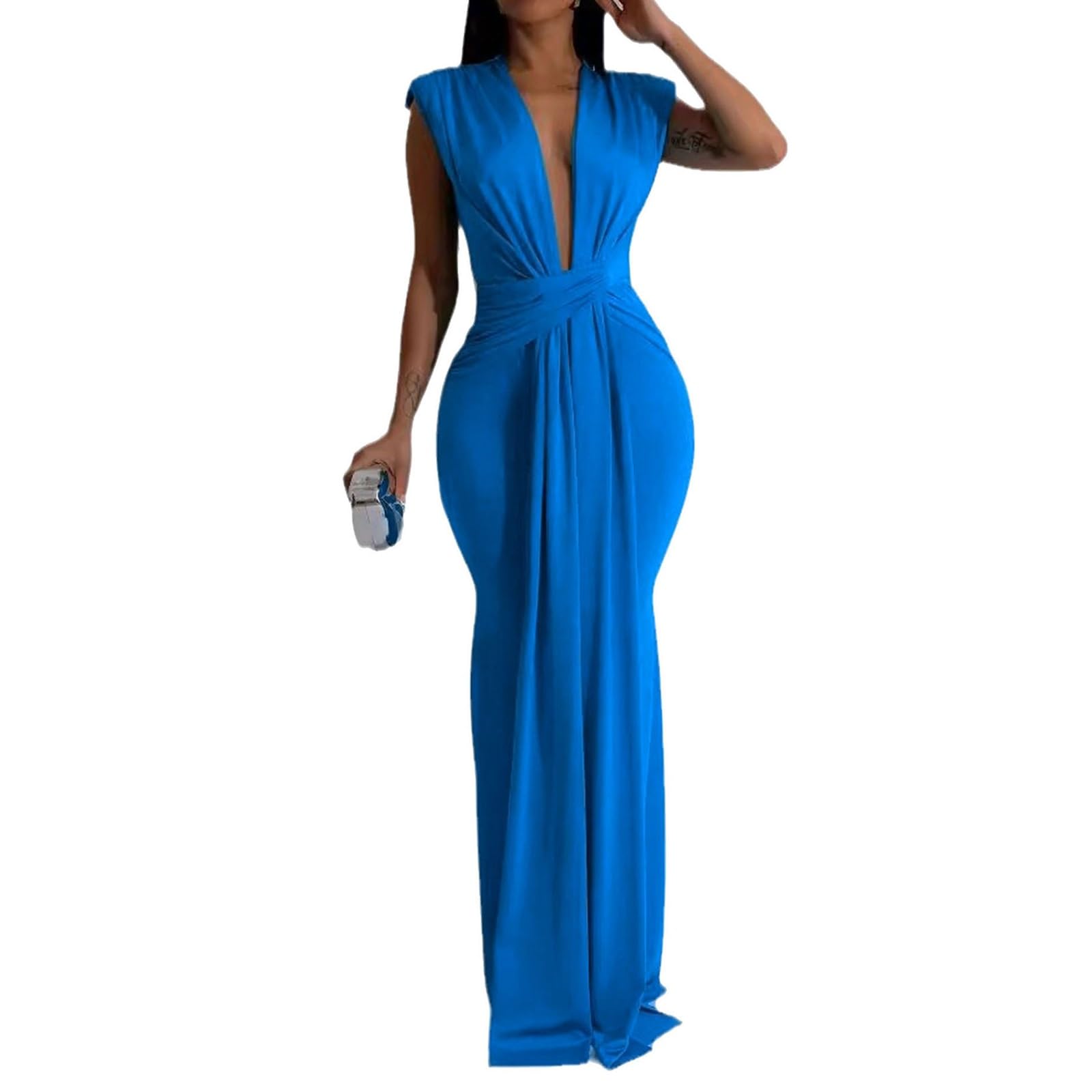 Vestido Largo con Escote En V Profundo, Cintura Fruncida, Corte Entallado y Bajo De Sirena, Ideal para Fiestas Nocturnas y Diversos Eventos