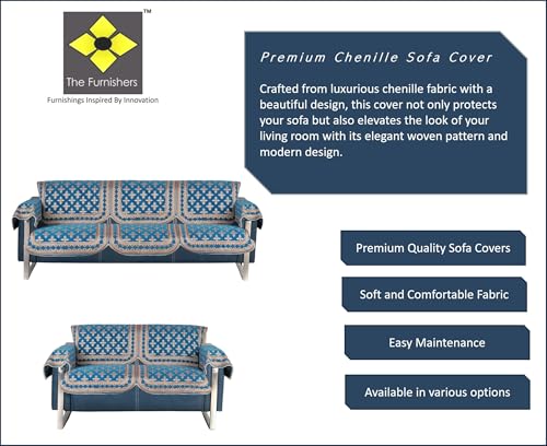 Image of Turauoise Chenille Woven Anti-Slip 3 Seater + 2 Seater Sofa Cover with Arm Rest | L-Shape Sofa Seat Protector for Living Room | Durable & Stylish Slipcover