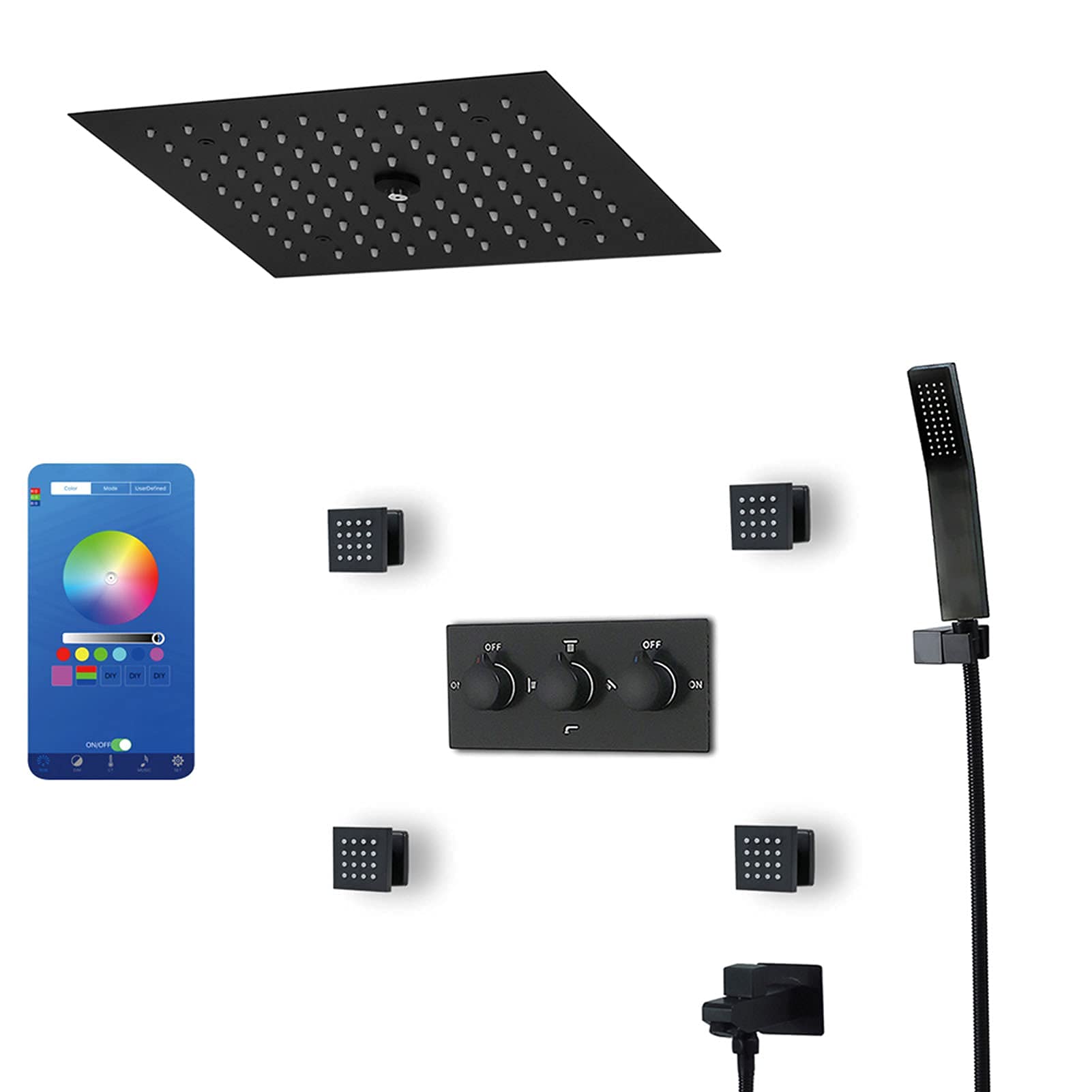 AYCDL Led Shower System Matte Black, 300 * 300 Ceiling Mount Rainfall Waterfall Shower Head with Hand Shower, Tub Spout, Body Jet, Bath Shower Mixer Tap,Mobile Phone,Mobile Phone Control