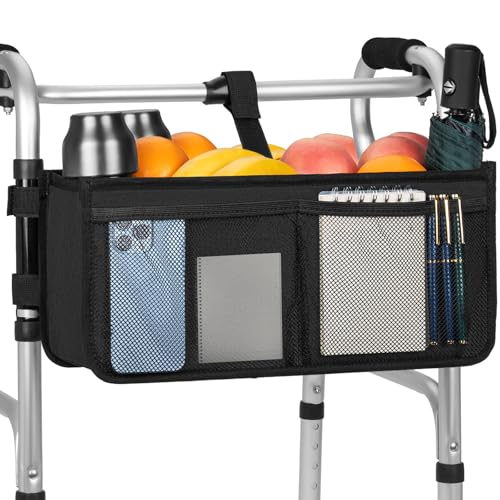 FREEAMG Walker Basket for Folding Walker, Large Capacity Foldable Walker Bag, Walker Storage Bag With Cup Holder, Detachable Walker Accessories Basket for Seniors (Black)