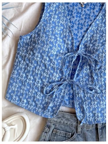 SHENHE Women's Tie Front Textured Floral Tank Top V Neck Sleeveless Casual Boho Vest4