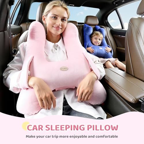 Image of FLORICH Kids Travel Pillow, Car Sleeping Travel Pillow for Kids, Washable H-Shaped Pillow for Adults and Children to Support Head and Body for Road Trips Pillow for Car (Light Pink)