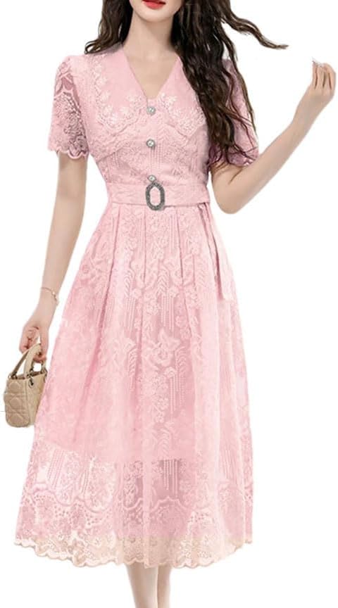 パーティードレス通販emile レディース 刺繍レースドレス 夏用 ラペル 半袖 メッシュパネル エレガント パーティー ミディドレス