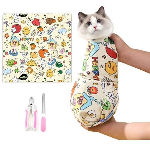 Image of 27.5 in Cat Grooming Wrap for Cutting Nails：Self-Adhesive Grooming Cloth, Cat Restraint Wrap for Trimming, Feeding Medication, and Tooth Brushing（27.5in*27.5in