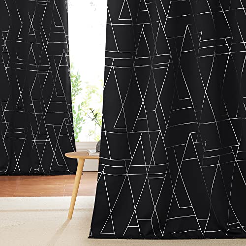 NICETOWN Blackout Curtains for Patio, Modern Foil Printed Geometric Line Home Decoration Thermal Insulated Grommet Blackout Drapes for Large Window Li