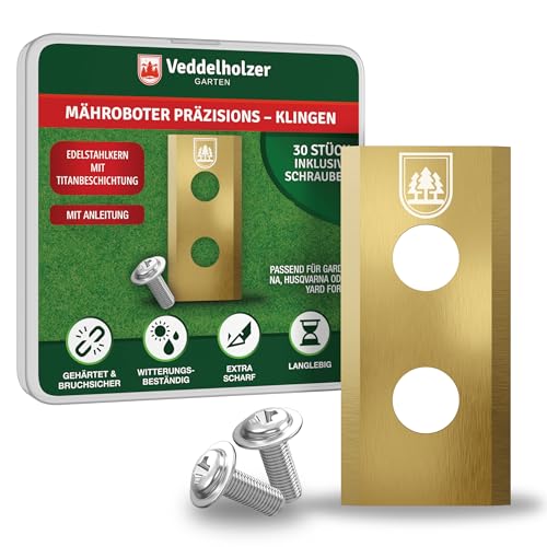 Veddelholzer 30 lame resistenti per robot tosaerba in acciaio inox rivestito in titanio, lame di ricambio compatibili con Einhell, Landscape e molto altro ancora. Include viti tutto in un unico set