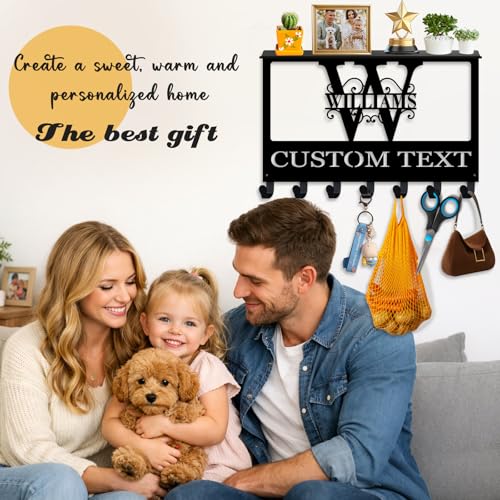 Custom-Split-Monogram-Key-Holder-Wall-Mount-with-Shelf-Home-Gifts-Custom-Name-Mail-Key-Organizer-Metal-Coat-Rack-Waterproof-Rustproof-Entryway-Hallway-Living-Room-Reinforced-Shelf