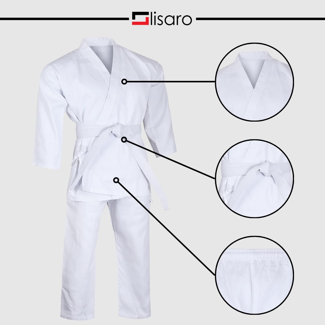 Lisaro Strój do karate biały dla dzieci i dorosłych – strój do sportów walki Karate Gi w zestawie spodnie z gumowym ściągaczem i paskiem – oddychający i wytrzymały – do treningu, Dojo, klubu i na