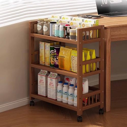 Rolling Bamboo Kitchen Island Cart with Storage, Mobile Coffee Bar on Wheels, Pull-Out Drawer, Versatile Kitchen Utility Trolley for Dining Room & Living Room