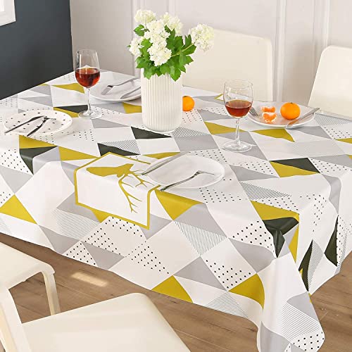 ENCOFT Nappe de Table 100% PVC Rectangulaire Imperméable Anti-Taches/Rayures/l'huile Couverture de Table pour Cuisine Pique-Nique (137x220CM, Triangles Géométriques Jaune&Blanc& Gris)