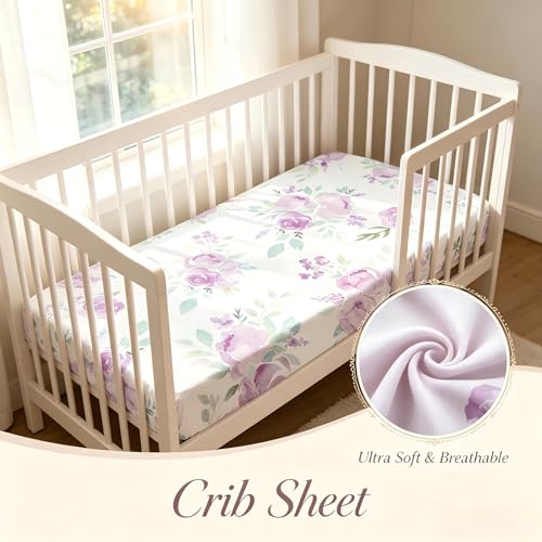 Image of TANOFAR 4 Piece Crib Bedding Set for Girls, Purple Flower Quilt, Crib Skirt, Diaper Stacker, Soft Microfiber Comforter, Cotton