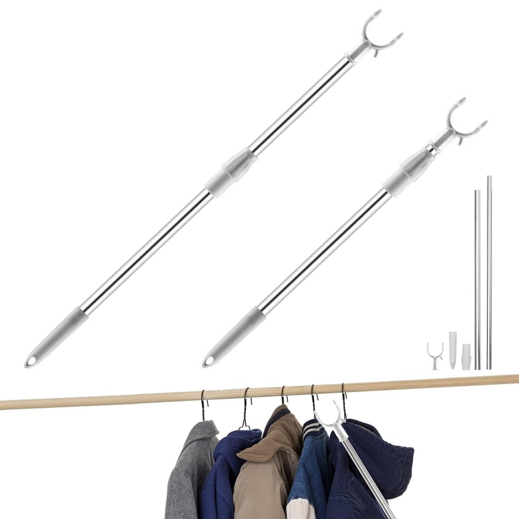 HASTHIP Stainless Steel, Plastic, Zinc Retractable Clothesline Pole, 32.6"-56.2" Telescopic Laundry Hanging Rod, Zinc Alloy Prongs Clothesline Pole, 83X3X3 Cm, Grey