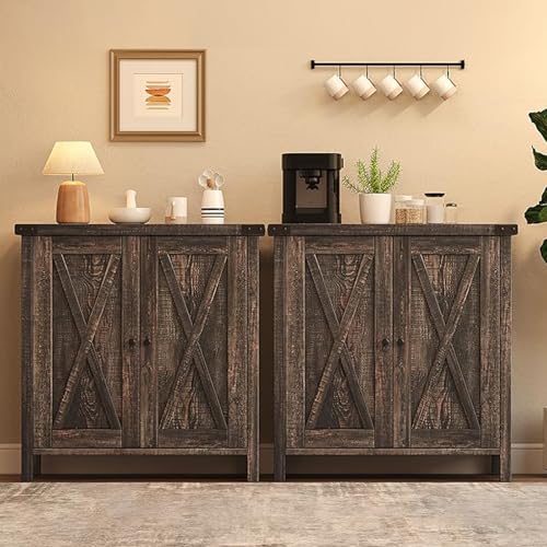 GarveeHome Small Storage Cabinet, Farmhouse Sideboard Buffet Cabinet with 2 Doors and Adjustable Shelves, Accent Entryway Console Cabinets for Living Room, Dining Room (Dark Oak, 2 Pieces)