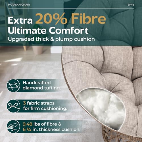 Image of Bme Ergonomic Wicker Papasan Chair with Soft Thick Density Fabric Cushion, High Capacity Steel Frame, 360 Degree Swivel for Living, Bedroom, Reading Room, Lounge, Silver Cloud - Brown Base