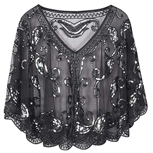 Women's Vintage Evening Cape Shinny Beaded Sequin Deco Paisley 1920s Shawl Flapper Cover up (Free, Black)