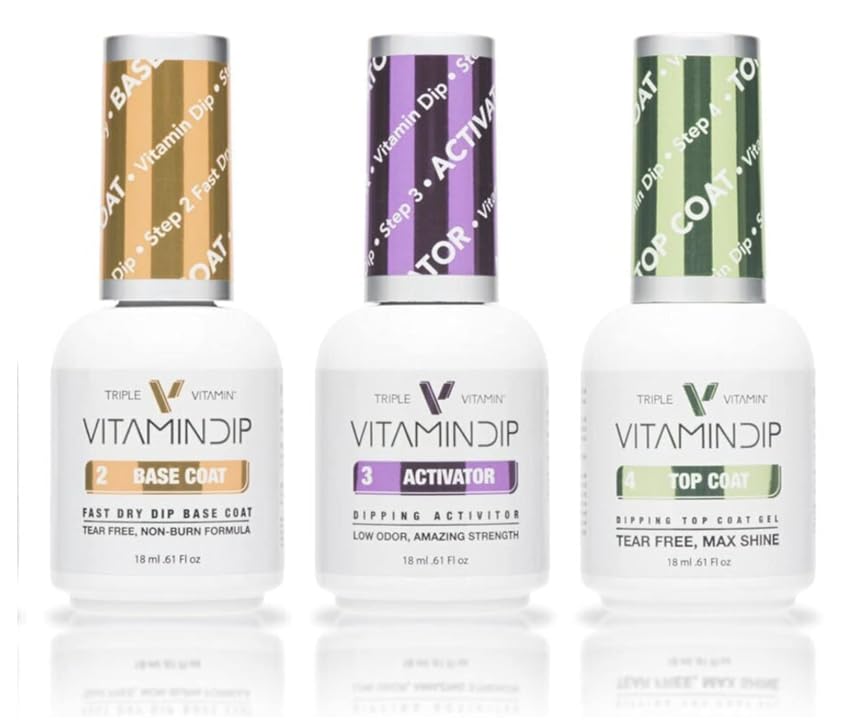 Triple Vitamin Dip Powder Nail Liquid Set - Gel Base Activator Gel Top Set 3 (Step 2-4) 18ml - NO LED UV/LAMP Needed, Color French Pink White Nail Dipping Powder DIY Professional Home Salon