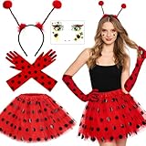 Marienkäfer Kostüm Damen,Marienkäfer Haarreif + Tutu Tütü Rot Schwarz + Gesichtstattoo Glitzer + Rote Handschuhe,Karneval Kostüm Mädchen,Faschingskostüme Damen Marienkäfer für Fasching Karneval Party