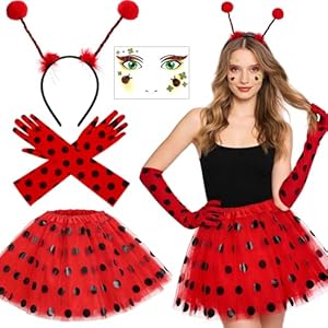 Marienkäfer Kostüm Damen,Marienkäfer Haarreif + Tutu Tütü Rot Schwarz + Gesichtstattoo Glitzer + Rote Handschuhe,Karneval Kostüm Mädchen,Faschingskostüme Damen Marienkäfer für Fasching Karneval Party