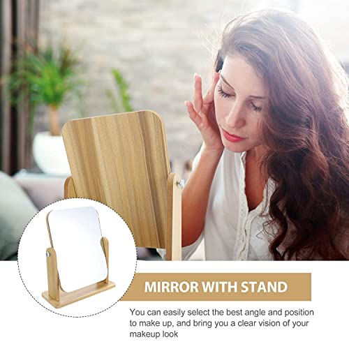 Image of Wooden Tabletop Makeup Mirror Vanity Table Stand Mirror Swivel Bamboo Mirror for Bedroom Bathroom Desk (Round, Framed) (1, Square)