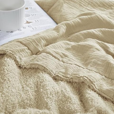 JOOJA Throw Blanket for Couch Bed Soft Blanket Muslin Cotton Blanket Reversible Knit Blanket for Couch Muslin Blanket for Adults Light Tan 50"x70" Cover