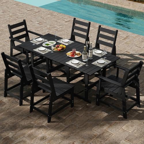 GREENVINES 7-Piece-Outdoor-Table-and-Chairs | HDPE | Patio Furniture | Dining Sets for 6 | 2 Armchair & 4 Armless Chair | All Weather | Connectable Ta