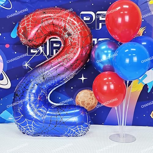 Image of 40 In Red And Blue Spider Theme Large Number 2 Balloon | Giant Large Helium Foil Balloon for Boy or Girl 2 th Birthday Wedding Anniversary Baby Shower Party Decorations