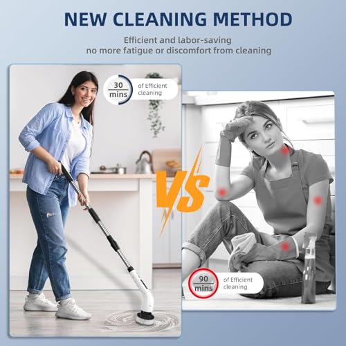 Image of Electric Spin Scrubber Bathroom - Adjustable Handle Cordless Shower Scrubber, 2 Speeds, Bathroom Scrubber with 8 Replaceable Brush Heads, Power Scrubber for Bathtub Cleaning