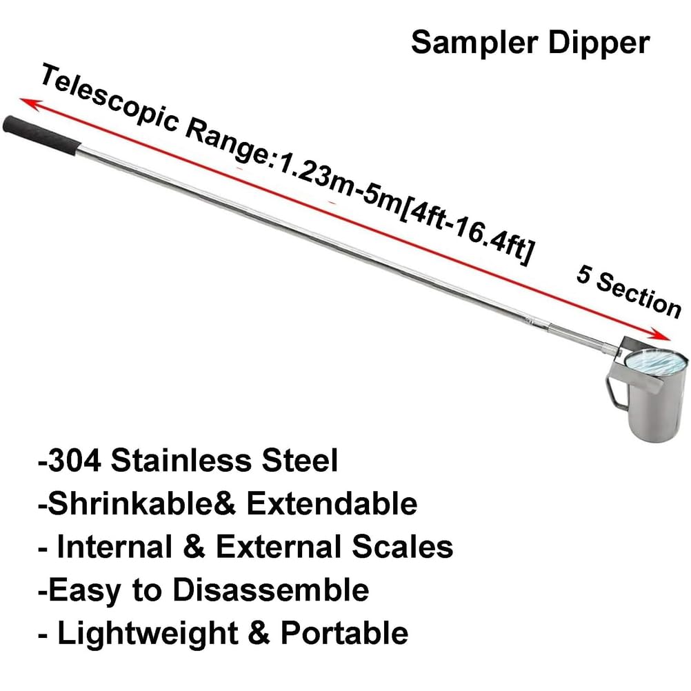 Mestolo per Campionamento dell'Acqua Telescopico in Acciaio Inossidabile con Beccuccio Graduato,Becher a Pendolo da 500/1000ml,Asta per Campionamento dell'Acqua,500ml,3.64~9.8ft/1.11~3.0m