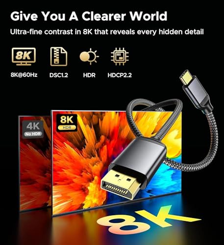 Image of Tobo USB C to DisplayPort 1.4 Cable 6FT 8K@60Hz, 4K@240Hz /144Hz, Type C to Display Port Cord Compatible with i-Phone 15, MacBook Pro /Air, i-Pad, iMac TD-1094TC