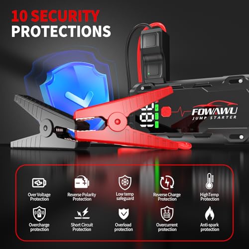 Image of FOWAWU 26800 mAh 7000 A Peak Jump Starter for 12 V Vehicles (12 L Petrol / 10 L Diesel) and Moto, Car Battery Jump Starter Power Pack with Smart Jumper, 5 * 3.5 CM Large Screen and LED Torch