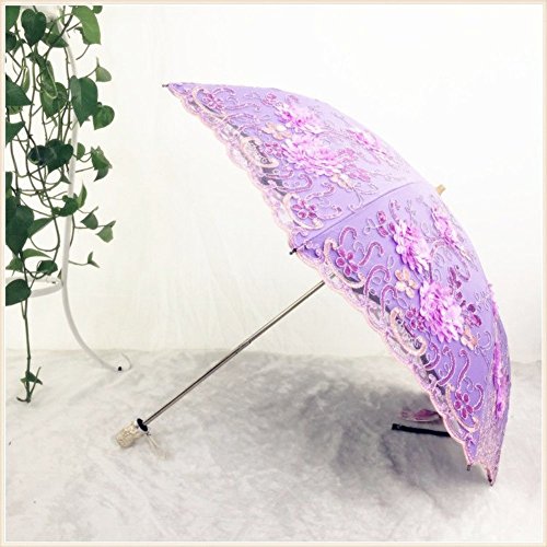 Honeystore Vintage Lace UV Sun Parasol Folding 3D Flower Embroidery Umbrella BM1618 Purple