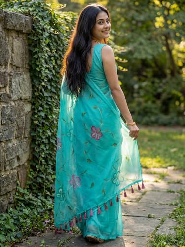 Image of AKHILAM Women's Cotton Saree with White Daisy Floral Prints Tassel Pallu Lightweight Summer Saree