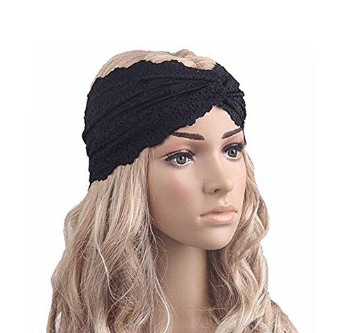 Fashion Women Girls Lace Retro Sport Yoga Turban Headscarf Twist Head Wrap Headband Headwear Twisted Knotted Soft Hair Band Sport Yoga Turban Headscarf Wrap Hair Accessories (Black)