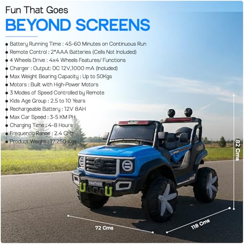 Image of Toyzone Panther Electric Jeep (Blue) | 12V Rechargeable Ride on with 5Ah Battery | Music Player with BT, USB & AUX | Smooth Acceleration | 6M Battery Warranty | Age 3-10 Years, Upto 50 kg