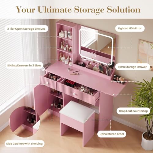 Fluted Makeup Vanity Desk with Mirror and LED Lights, Vanity Table with Storage Stool, Power Outlet, 2 Drawers, 3 Storage Shelves, Large Cabinet, Dressing Table and Chair for Bedroom Dressing Room