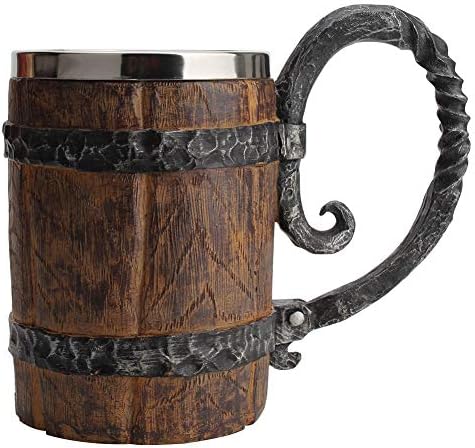 Wooden Barrel-Beer Mug, 650 ml Wood Stainless Steel Cup, Carving Beer Mug, Double Wall Cocktail Mug for Bar Restaurant, Handmade Retro Brown, Gift for Men