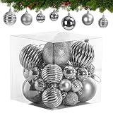 arbol de navidad plata y morado 6 ESTILOS DIFERENTES: Nuestro set de adornos navideños para casa viene con bolas en 6 estilos diferentes. Los estilos variados lucen como en las fotos y trae una mezcla de acabados con brillo, mate y con purpurina. Así puede combinar las bolas para adornar el árbol como desee. Las bolas están hechas de plástico de alta calidad, son resistentes y no se rompen fácilmente. Estos adornos para puertas vienen con un hilo para colgarla.